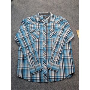 Moonshine Spirit Shirt Mens XL Blue Plaid Western Snap Long Sleeve Embroidered